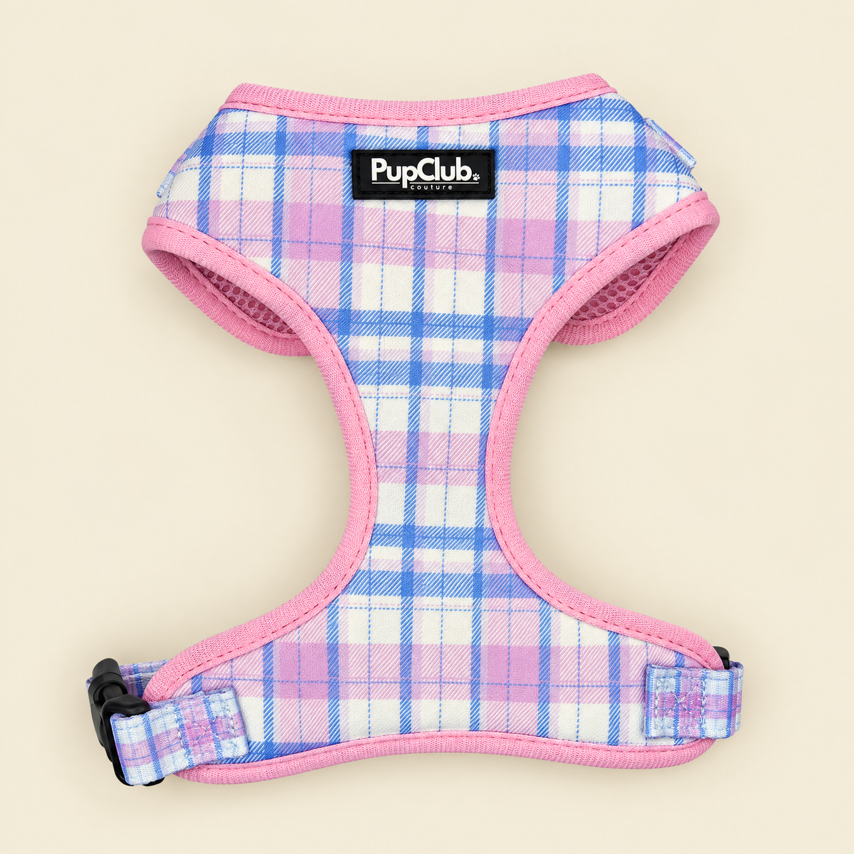 Pink Tartan adjustable dog harness by PupClub Couture laid flat on cream