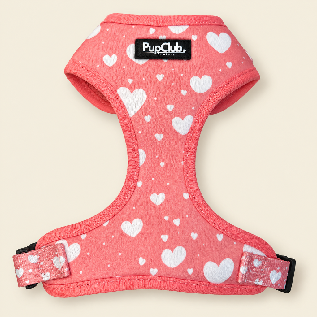 Peachy Hearts adjustable dog harness by PupClub Couture laid flat on cream