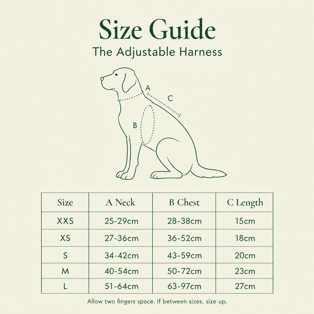 Size guide for the PupClub Couture adjustable dog harness, XXS to Large