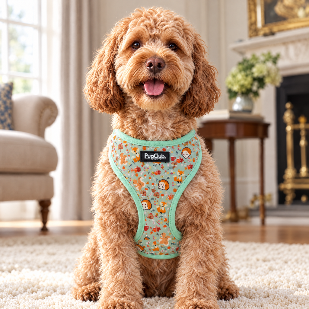 Cockapoo wearing the Woodland Friends adjustable dog harness by PupClub Couture, front view showing the chest panel and label