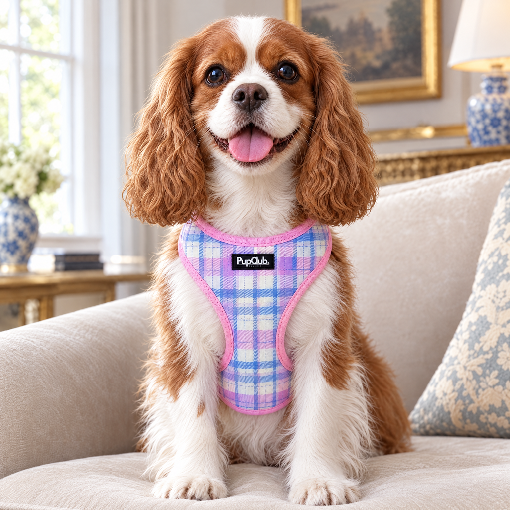 Cavalier King Charles spaniel wearing the Pink Tartan adjustable dog harness by PupClub Couture, front view showing the chest panel and label