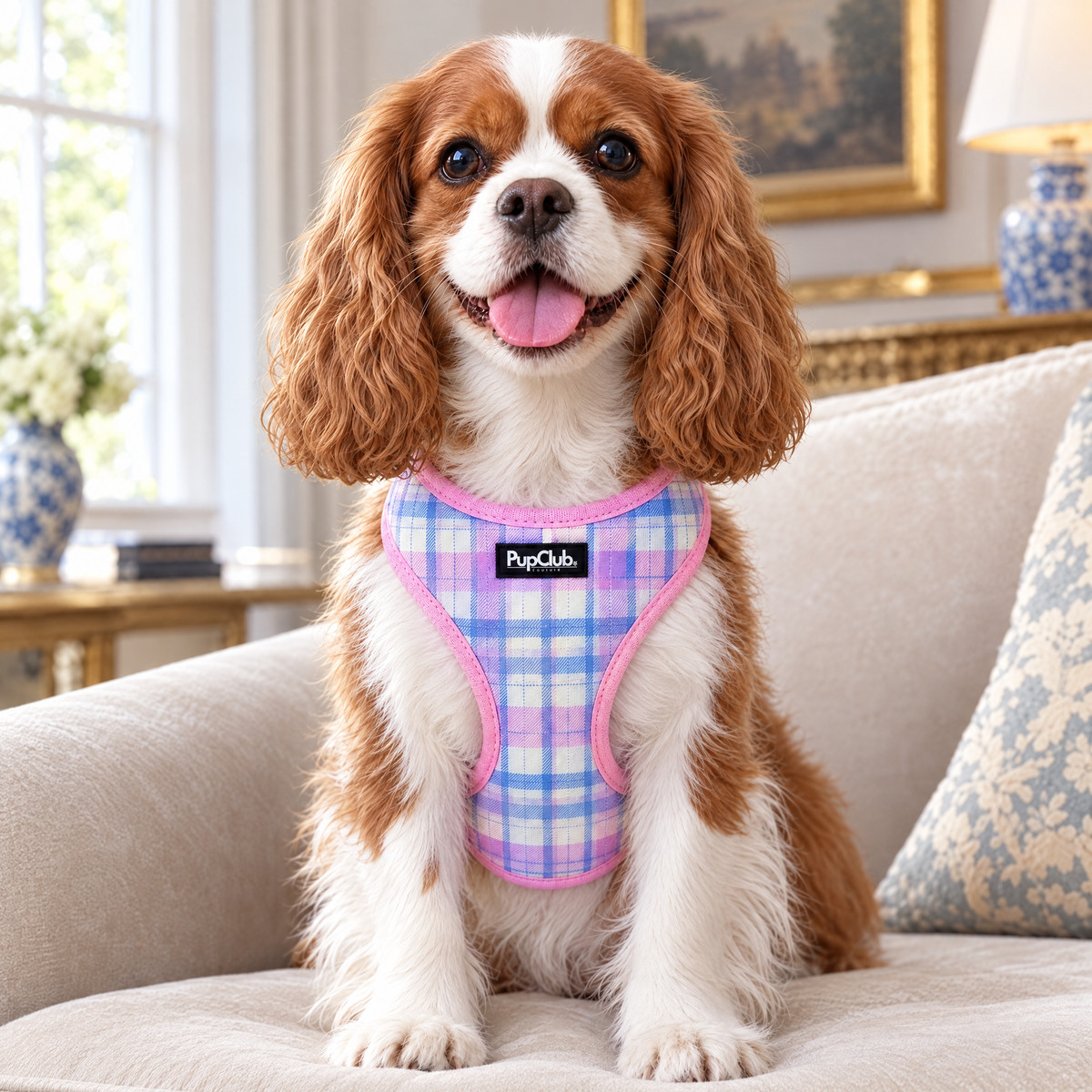 Cavalier King Charles spaniel wearing the Pink Tartan adjustable dog harness by PupClub Couture, front view showing the chest panel and label