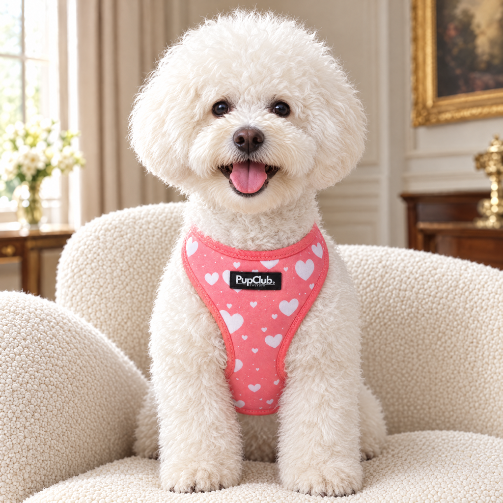 Bichon Frise wearing the Peachy Hearts adjustable dog harness by PupClub Couture, front view showing the chest panel and label