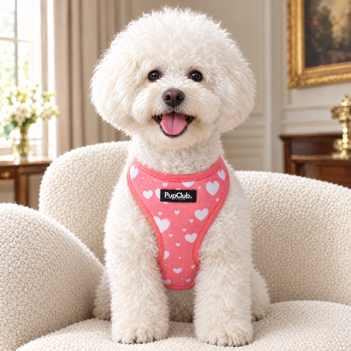 Bichon Frise wearing the Peachy Hearts adjustable dog harness by PupClub Couture, front view showing the chest panel and label