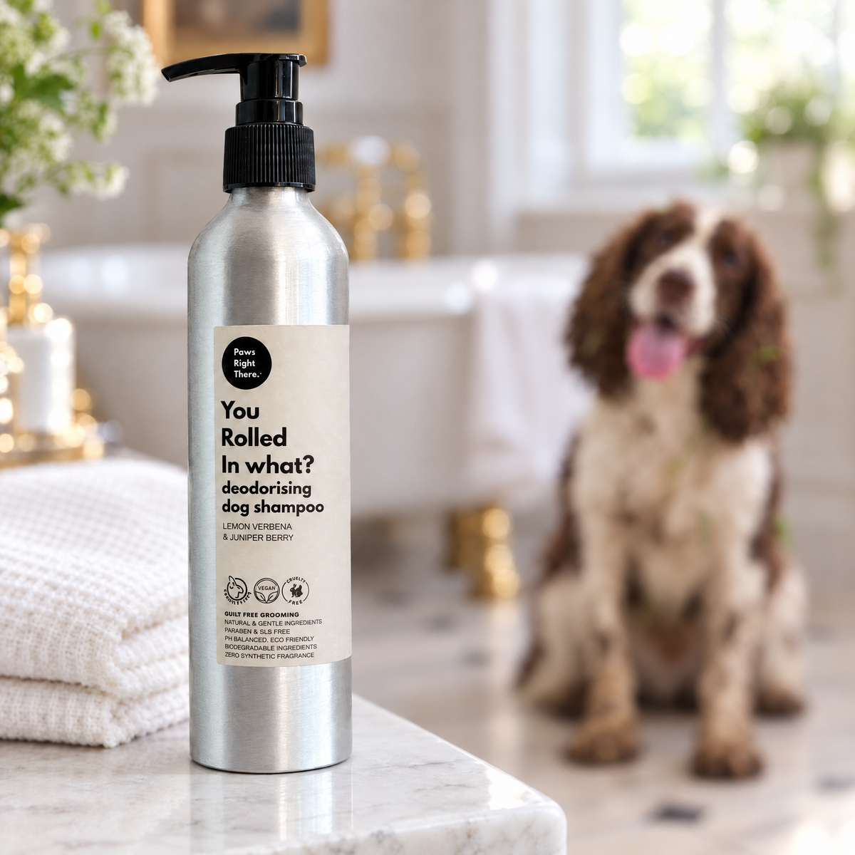 Muddy Springer Spaniel in a Georgian bathroom behind a bottle of You Rolled in What?! deodorising dog shampoo by Paws Right There