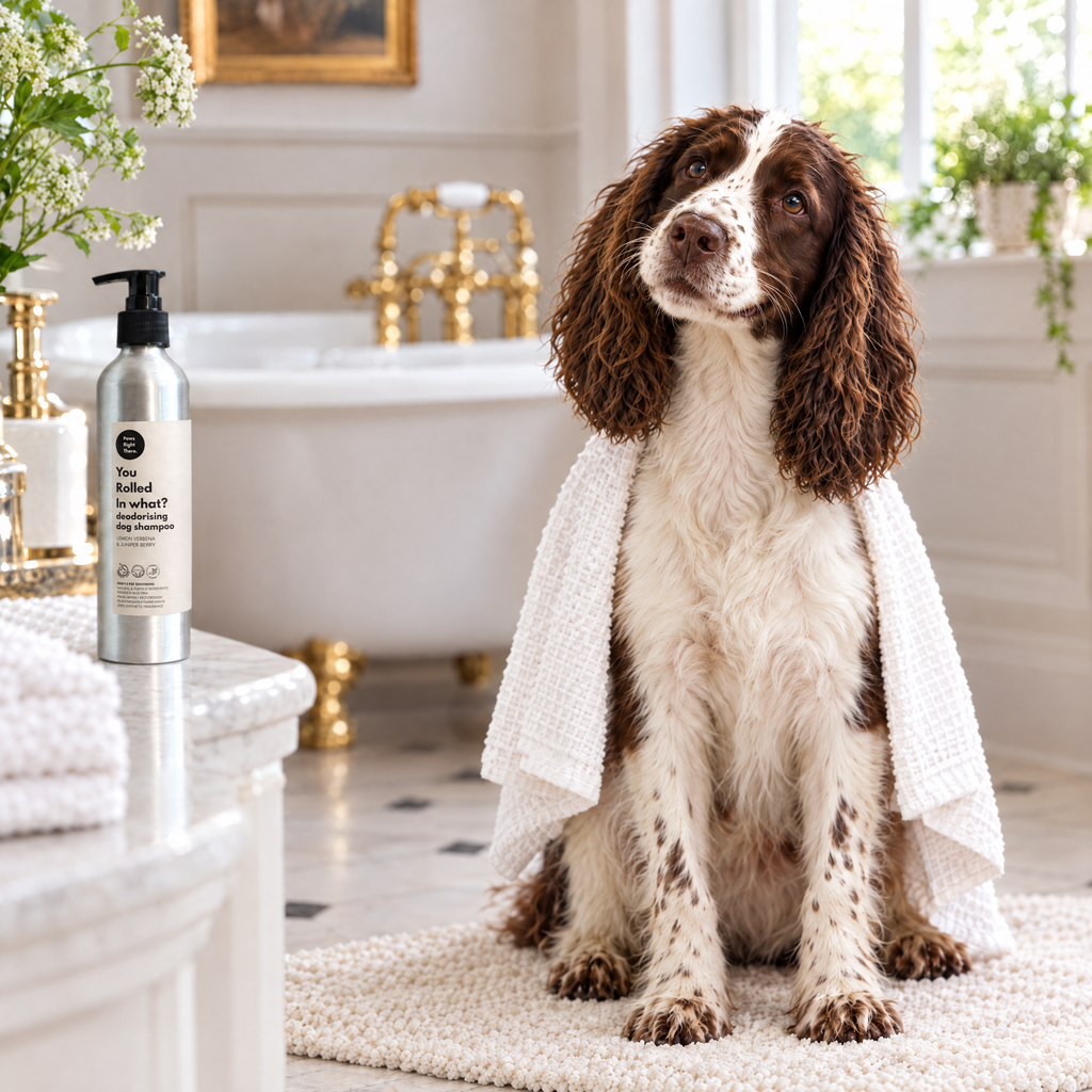 The same Springer Spaniel freshly washed and wrapped in a towel after a bath with You Rolled in What?! shampoo
