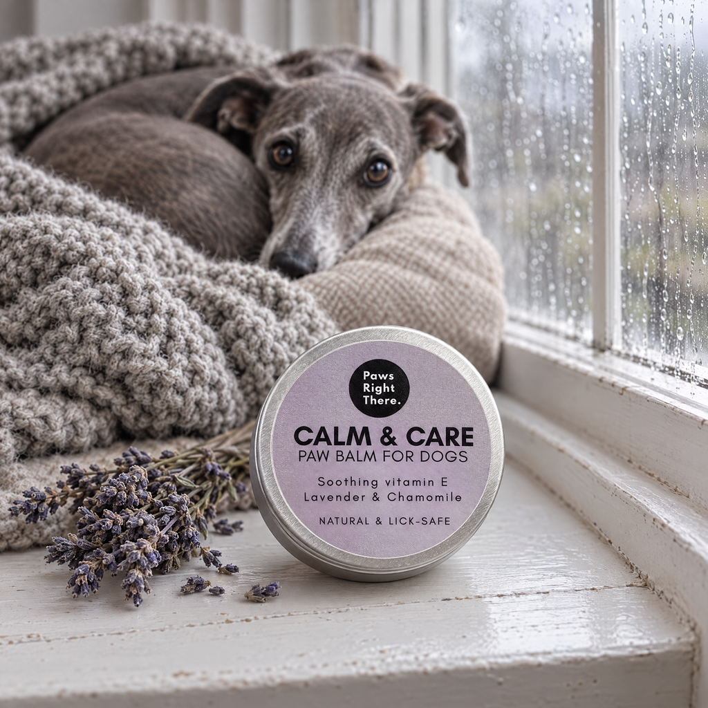 Worried Whippet under a knitted throw on a rainy day behind a tin of Calm & Care paw balm by Paws Right There