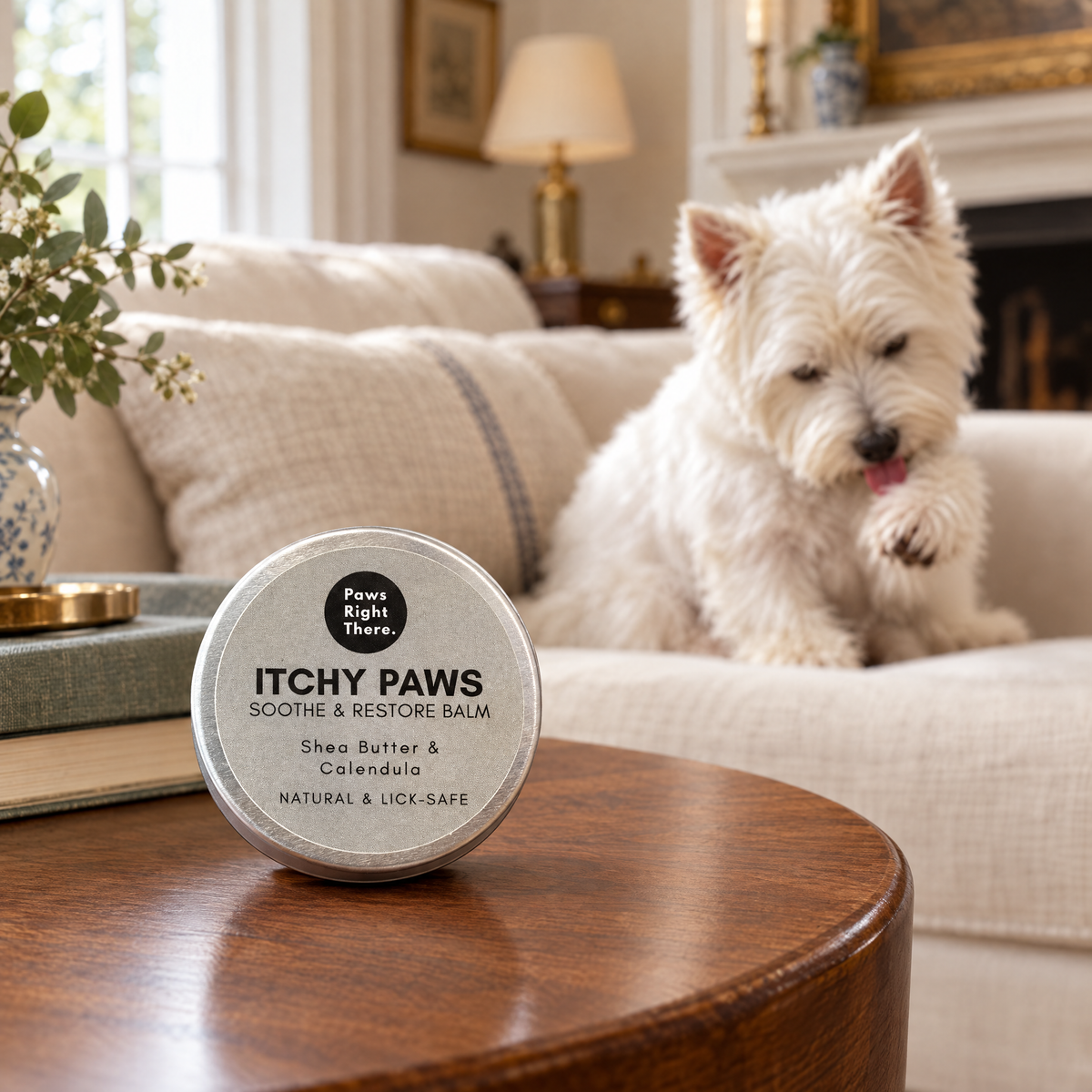 West Highland Terrier licking its paw on a sofa behind a tin of Itchy Paws balm by Paws Right There