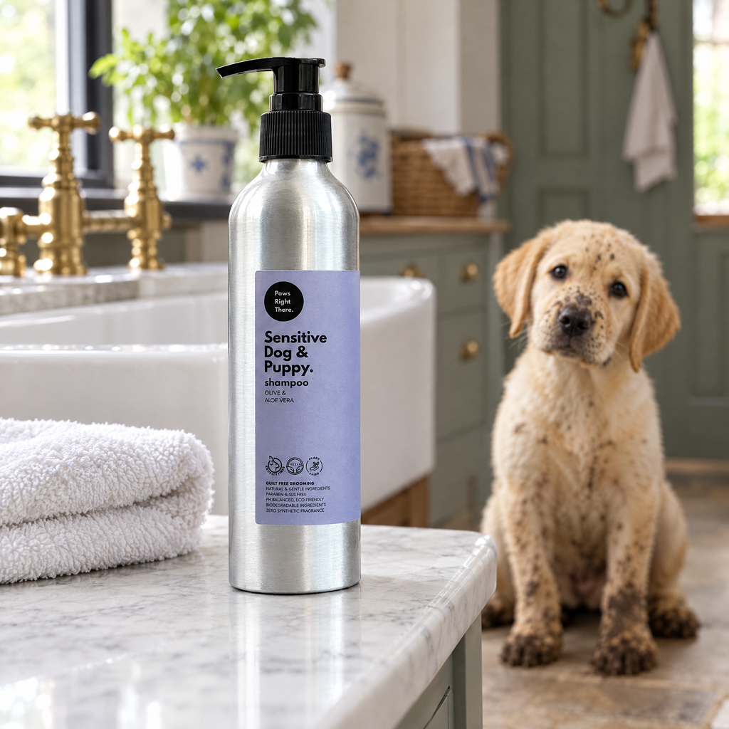 Muddy Labrador puppy in a Georgian scullery behind a bottle of Puppy & Sensitive shampoo by Paws Right There