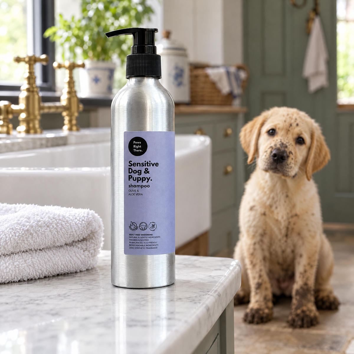 Muddy Labrador puppy in a Georgian scullery behind a bottle of Puppy & Sensitive shampoo by Paws Right There