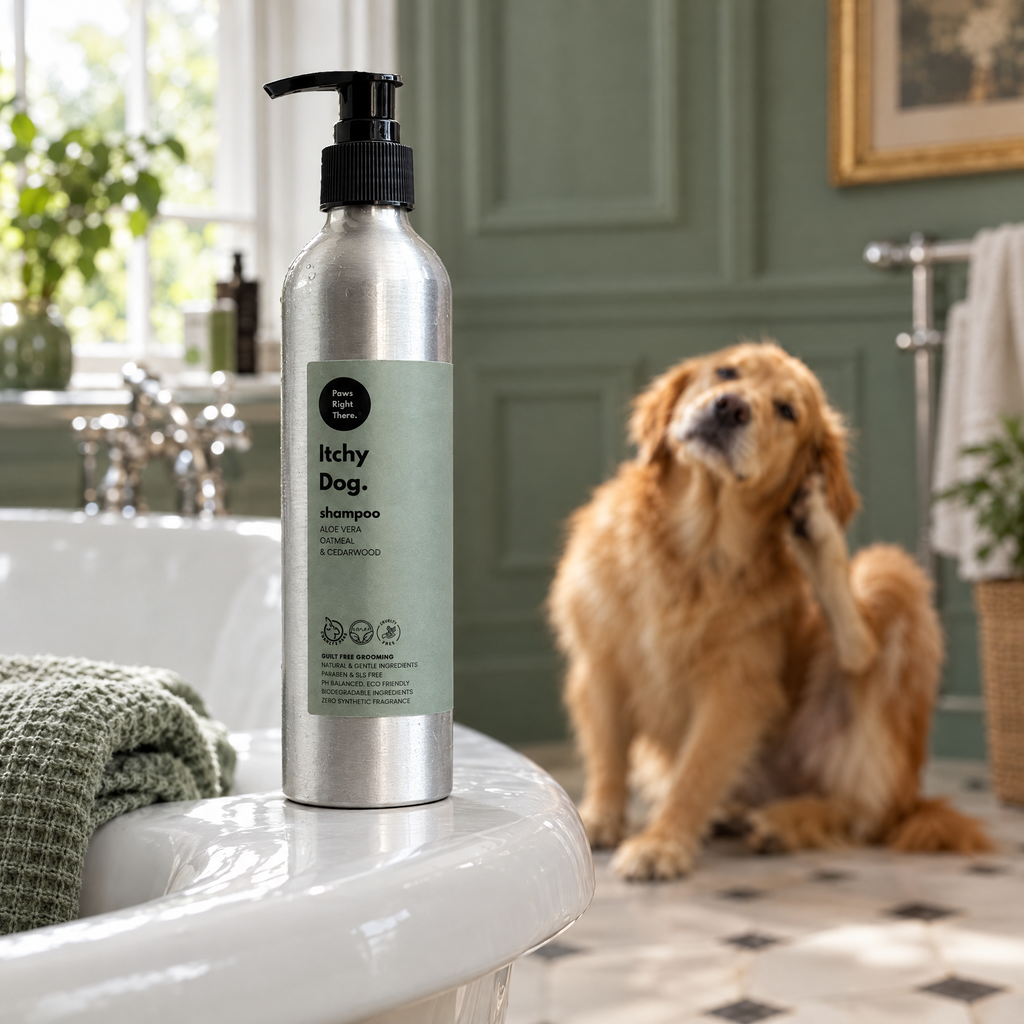 Golden Retriever scratching an itch in a Georgian bathroom behind a bottle of Itchy Dog shampoo by Paws Right There