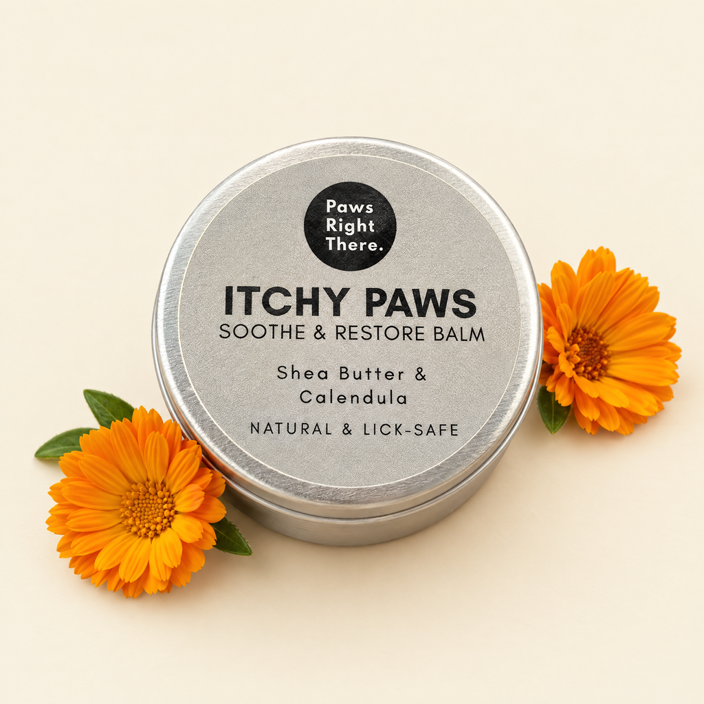 Itchy Paws soothe and restore balm tin by Paws Right There on cream with calendula flowers