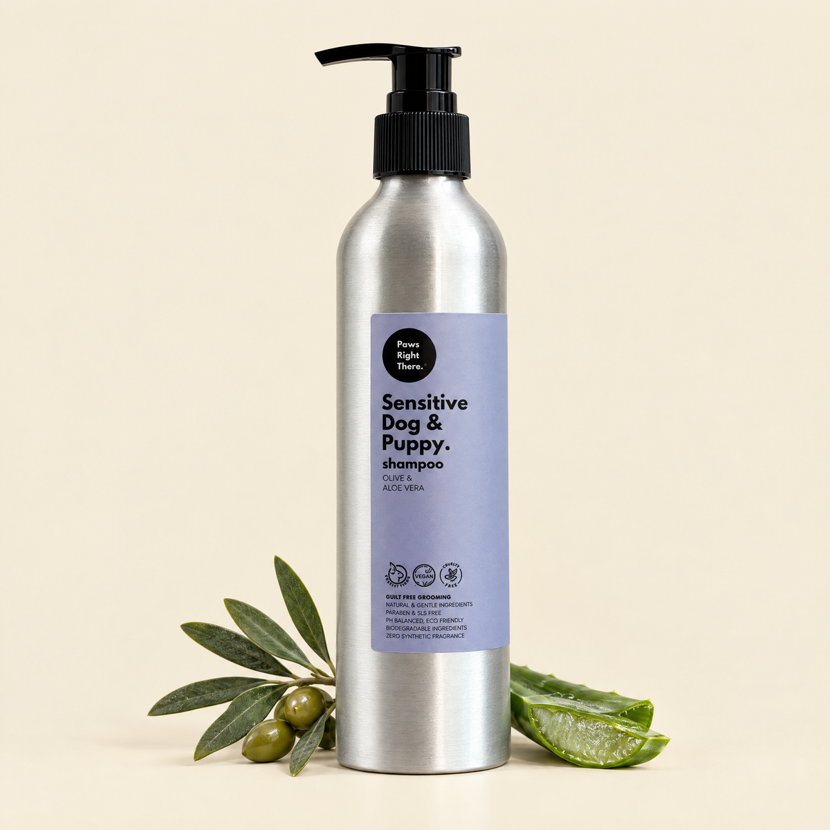 Puppy & Sensitive dog shampoo 250ml by Paws Right There on cream with olive and aloe vera
