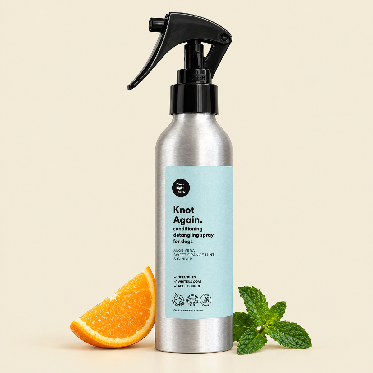 Knot Again detangling spray 150ml by Paws Right There on cream with orange and mint