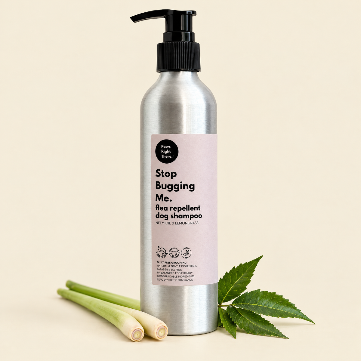 Stop Bugging Me dog shampoo 250ml by Paws Right There on cream with lemongrass and neem