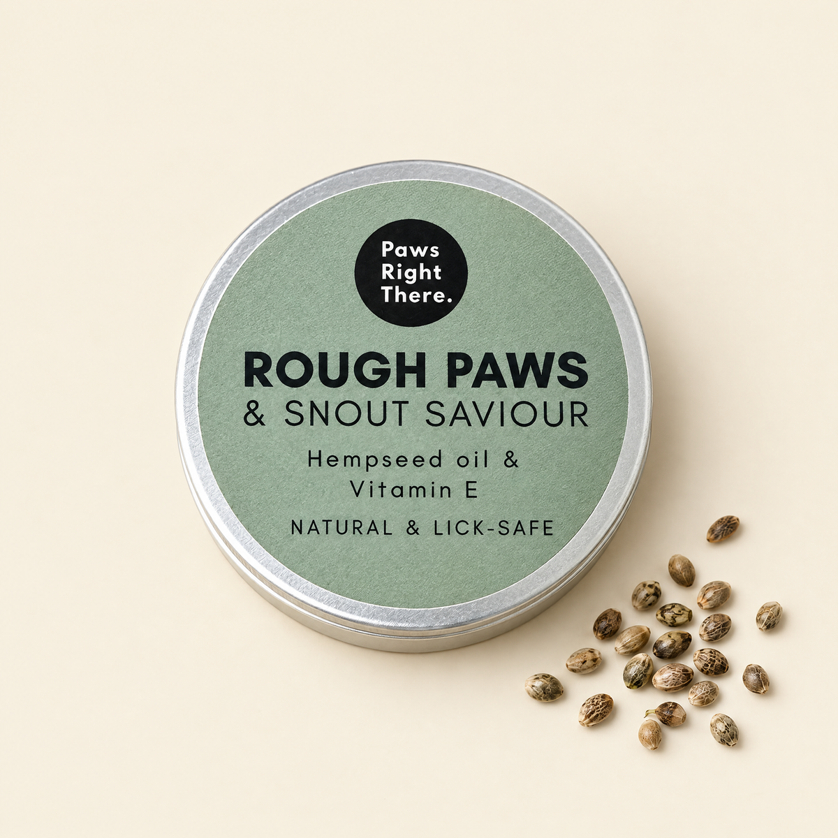 Rough Paws & Snout Saviour balm tin by Paws Right There on cream with hemp seeds