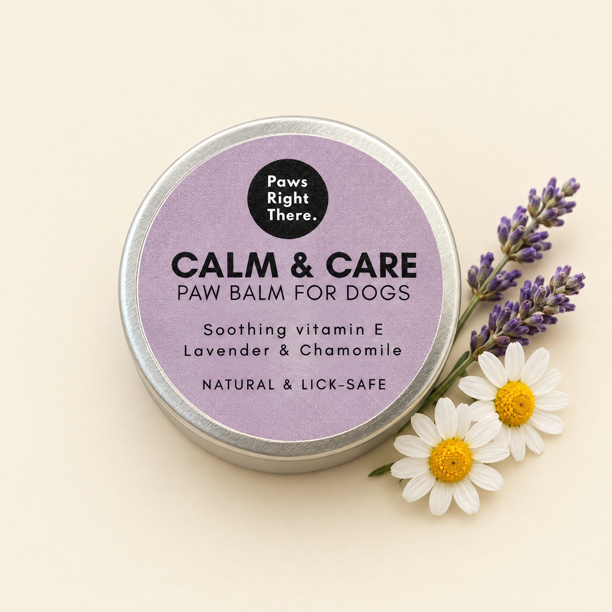 Calm & Care paw balm tin by Paws Right There on cream with lavender and chamomile
