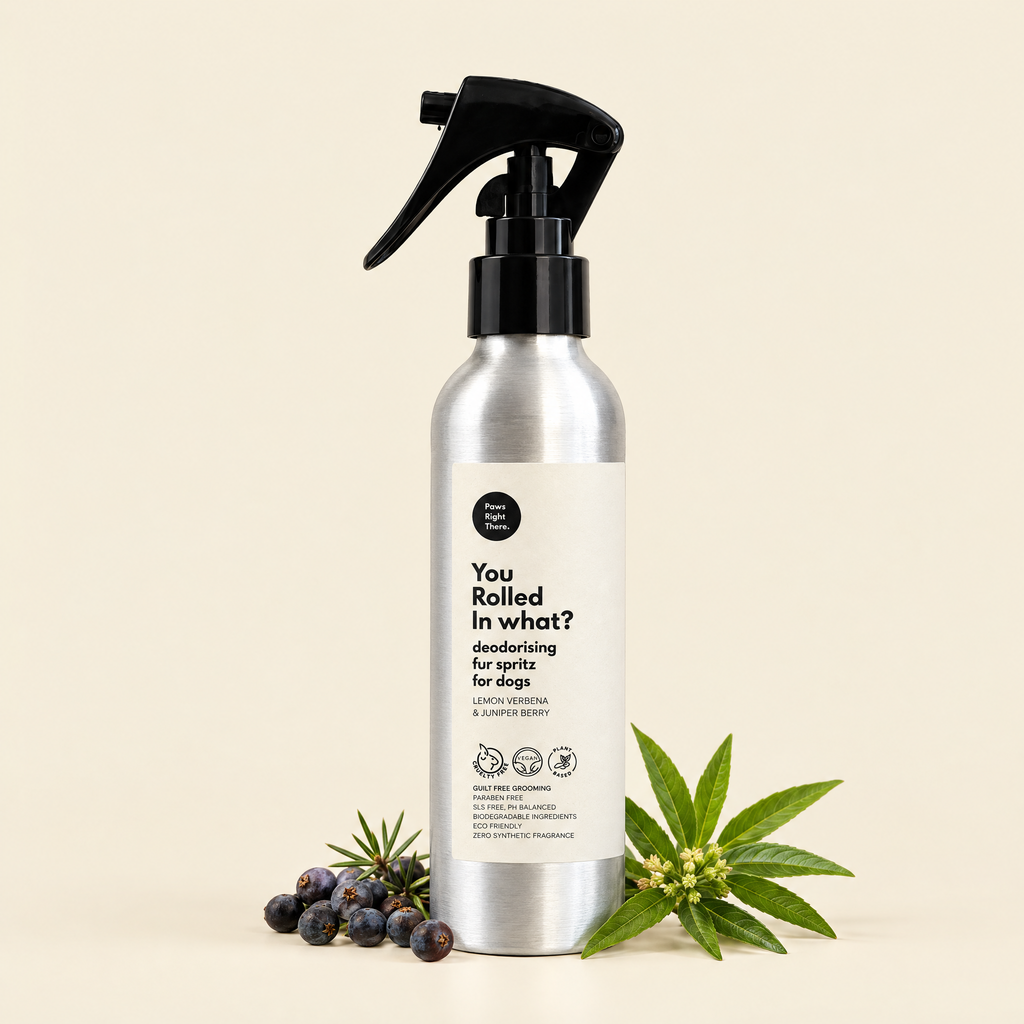 You Rolled in What?! deodorising fur spritz 150ml by Paws Right There on cream with juniper