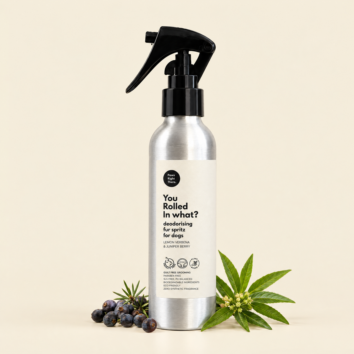 You Rolled in What?! deodorising fur spritz 150ml by Paws Right There on cream with juniper