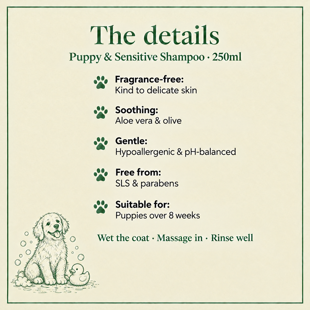 The details: Puppy & Sensitive shampoo, fragrance-free, hypoallergenic, for puppies over 8 weeks