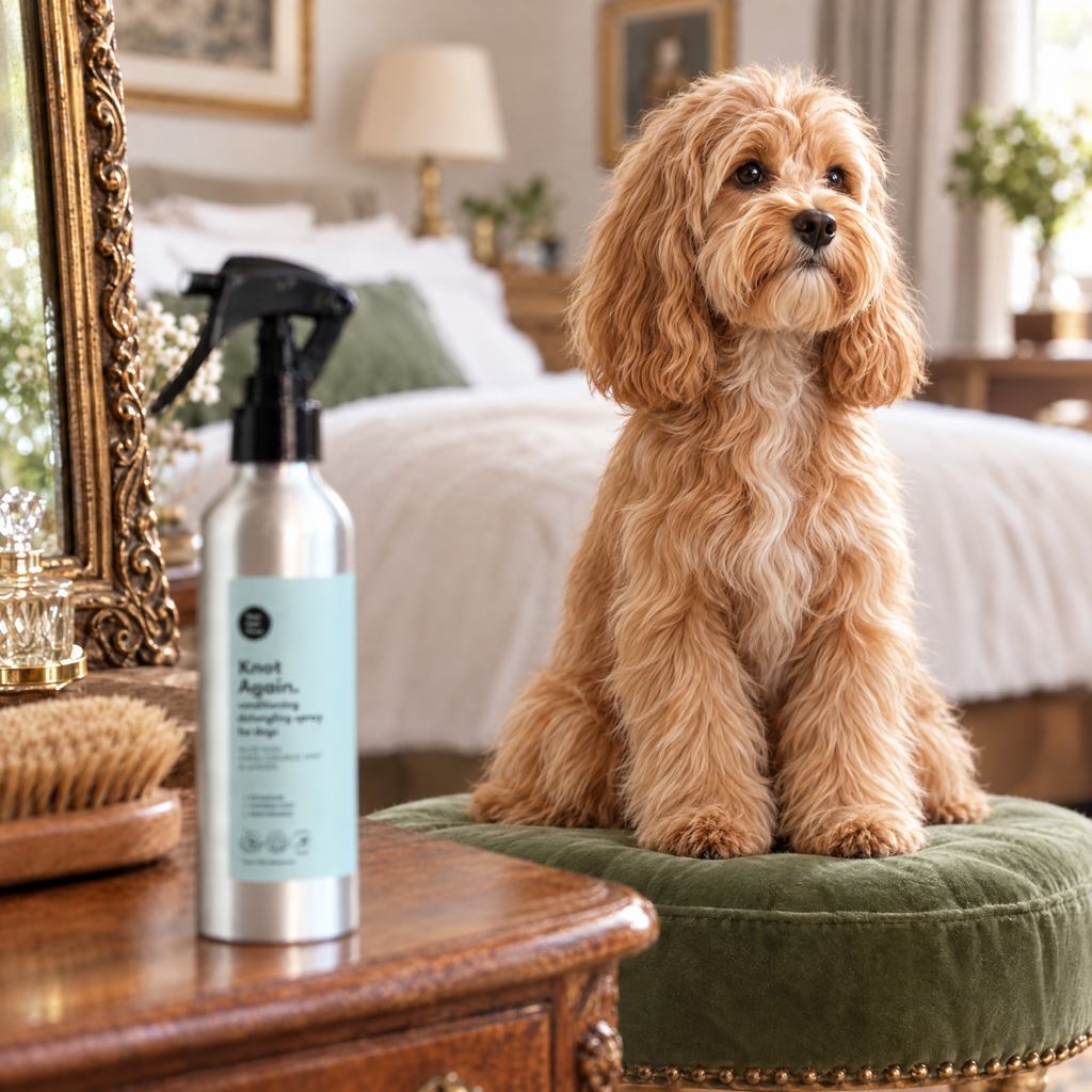 The same Cockapoo with a smooth, silky, tangle-free coat after Knot Again detangling spray