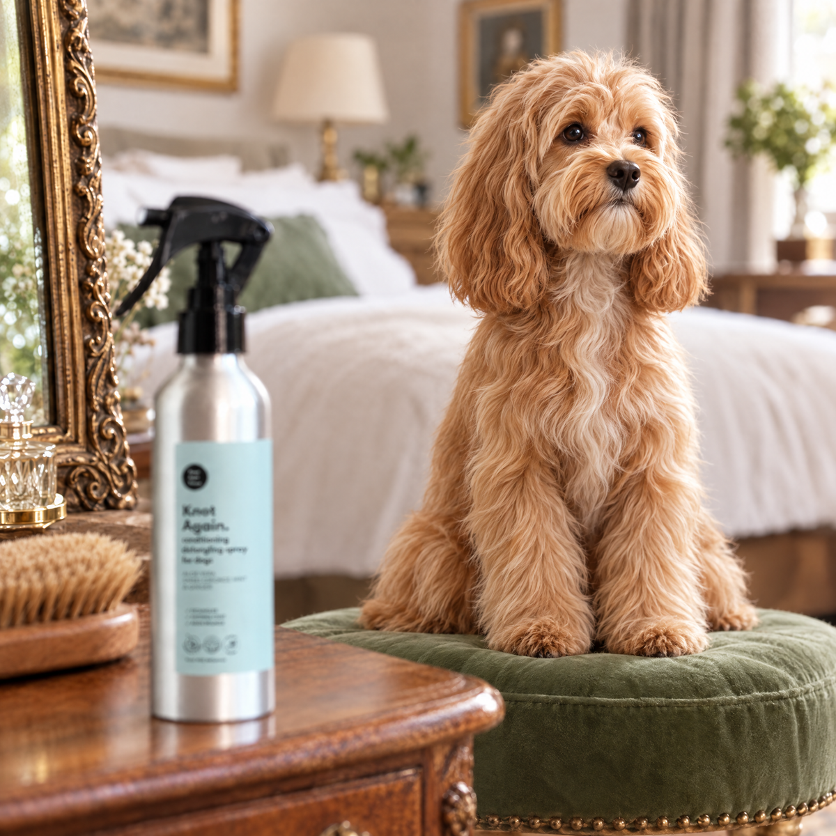 The same Cockapoo with a smooth, silky, tangle-free coat after Knot Again detangling spray
