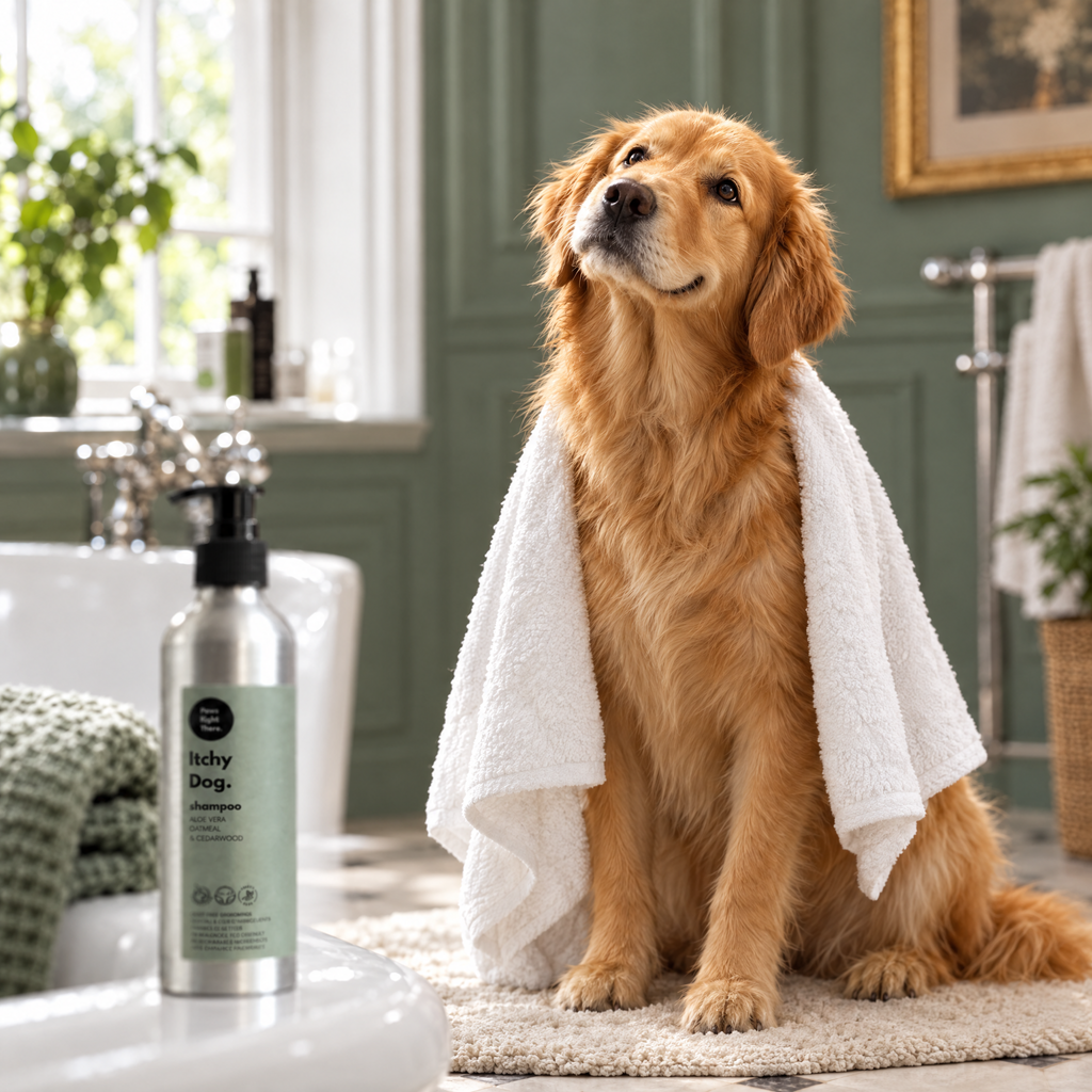 The same Golden Retriever calm and freshly bathed in a towel after using Itchy Dog shampoo