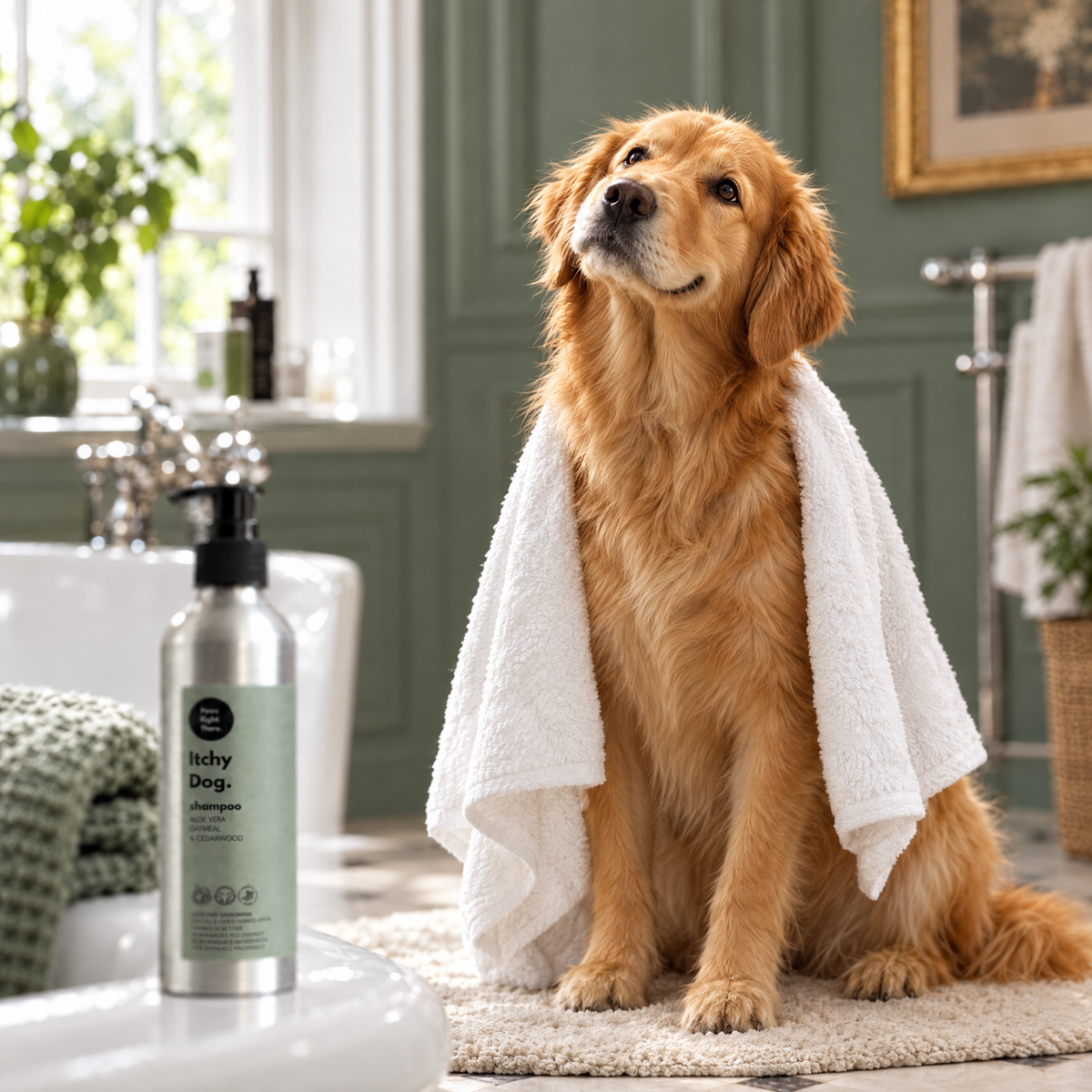 The same Golden Retriever calm and freshly bathed in a towel after using Itchy Dog shampoo