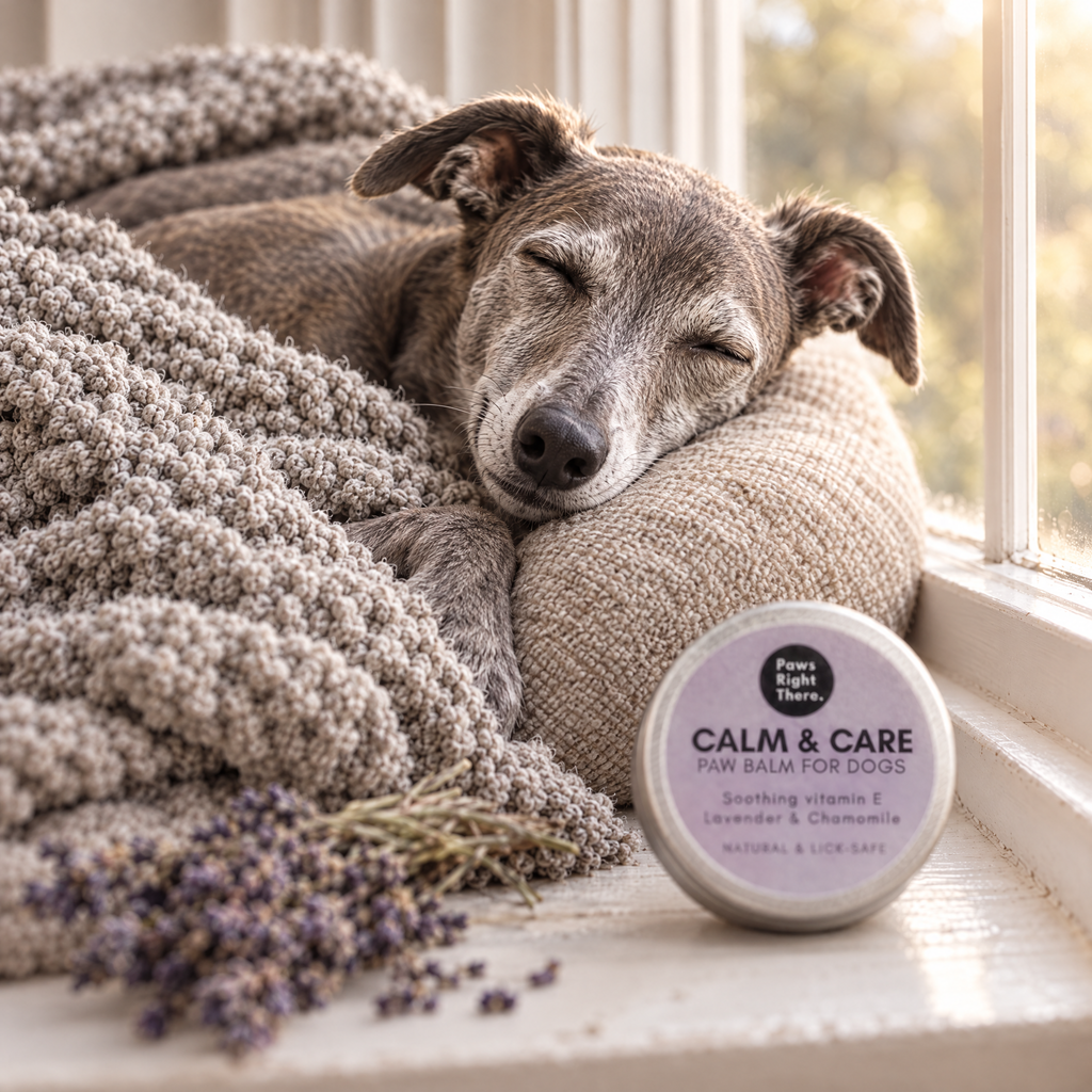 The same Whippet fast asleep and calm after a soothing Calm & Care paw massage