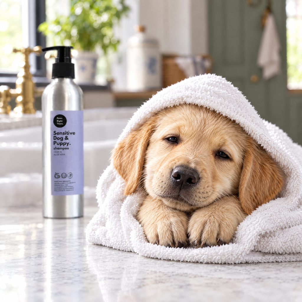 The same Labrador puppy clean and snuggled in a hooded towel after a gentle bath