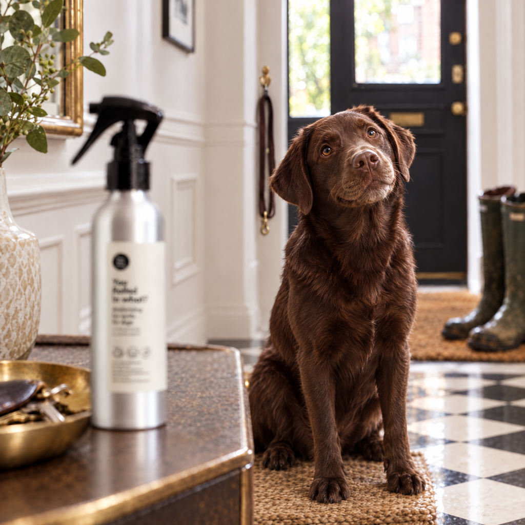 The same chocolate Labrador dry, glossy and fresh after a spritz of You Rolled in What?!