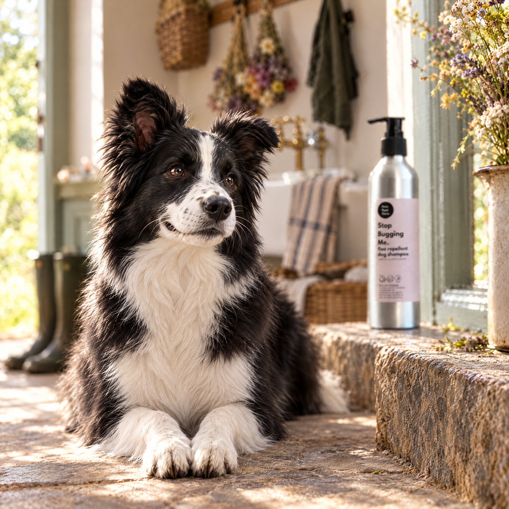 The same Border Collie clean and glossy after a bath with Stop Bugging Me shampoo