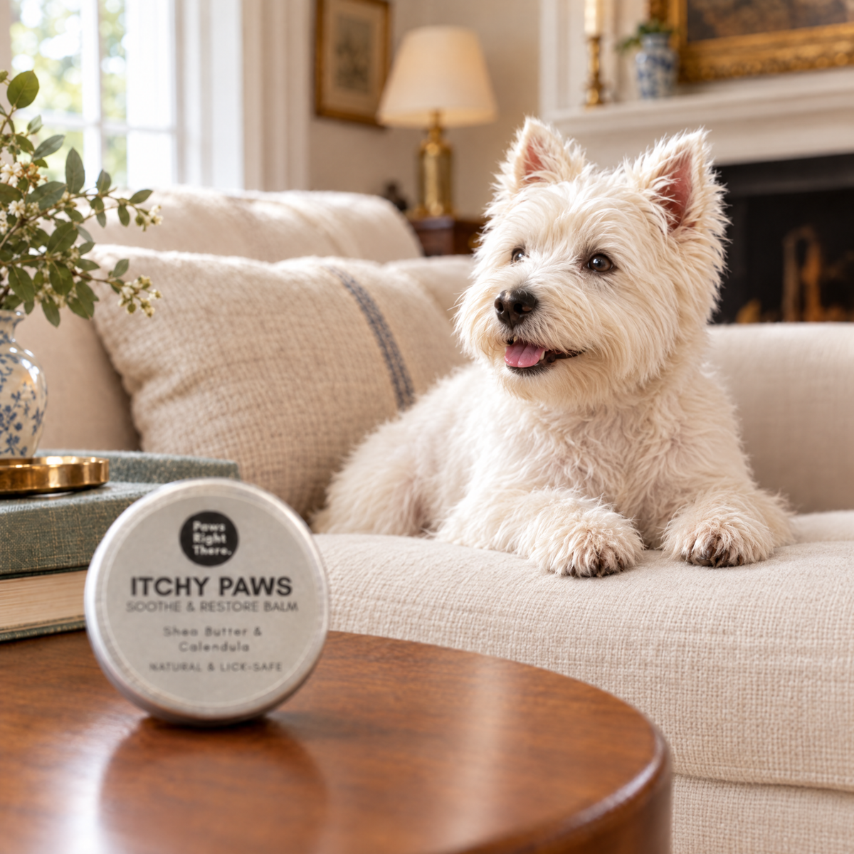 The same Westie relaxed and content on the sofa after a soothing Itchy Paws balm