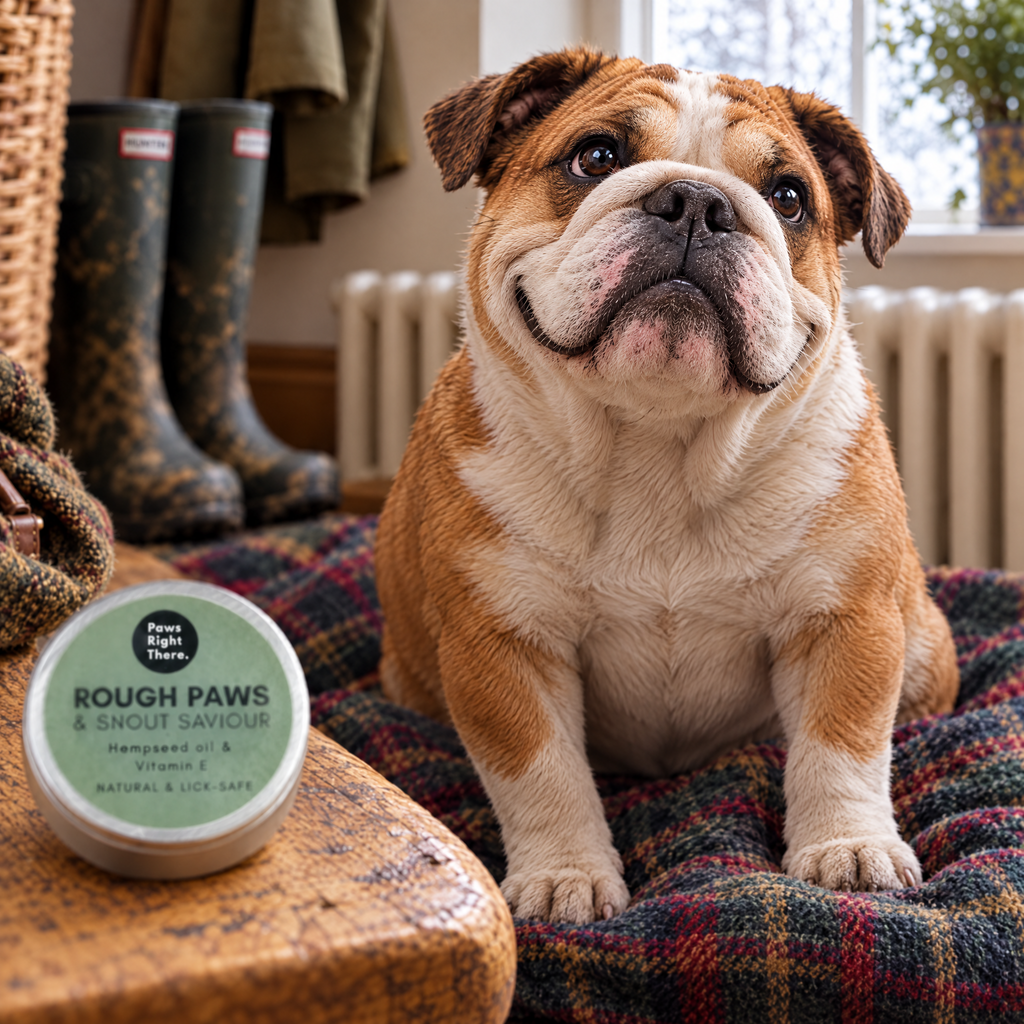 The same Bulldog looking happy and comfortable after its paws were soothed with Rough Paws balm