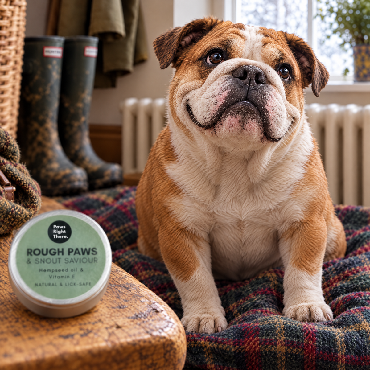 The same Bulldog looking happy and comfortable after its paws were soothed with Rough Paws balm