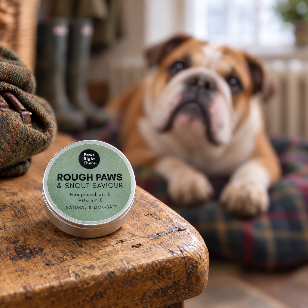 Bulldog with dry paws in a boot room behind a tin of Rough Paws & Snout Saviour balm by Paws Right There