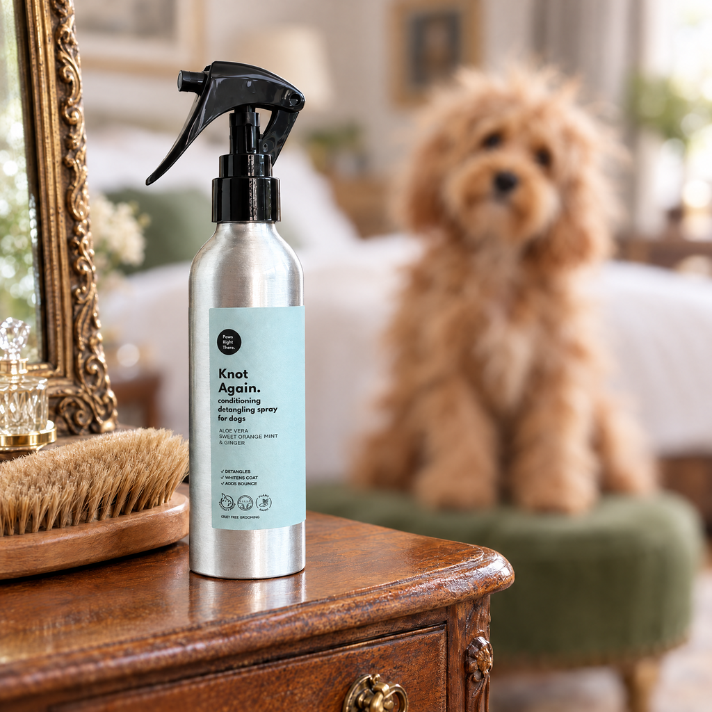 Scruffy, tangled Cockapoo on an ottoman behind a bottle of Knot Again detangling spray by Paws Right There