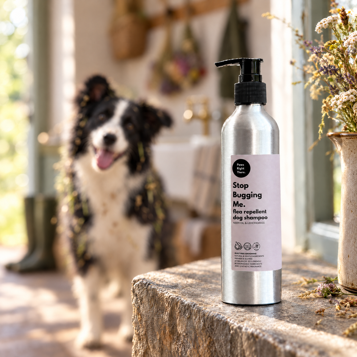 Border Collie covered in grass seeds in a cottage utility room behind a bottle of Stop Bugging Me shampoo by Paws Right There