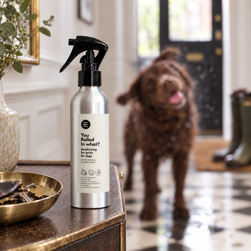 Soggy chocolate Labrador shaking off in a townhouse hallway behind a bottle of You Rolled in What?! fur spritz by Paws Right There