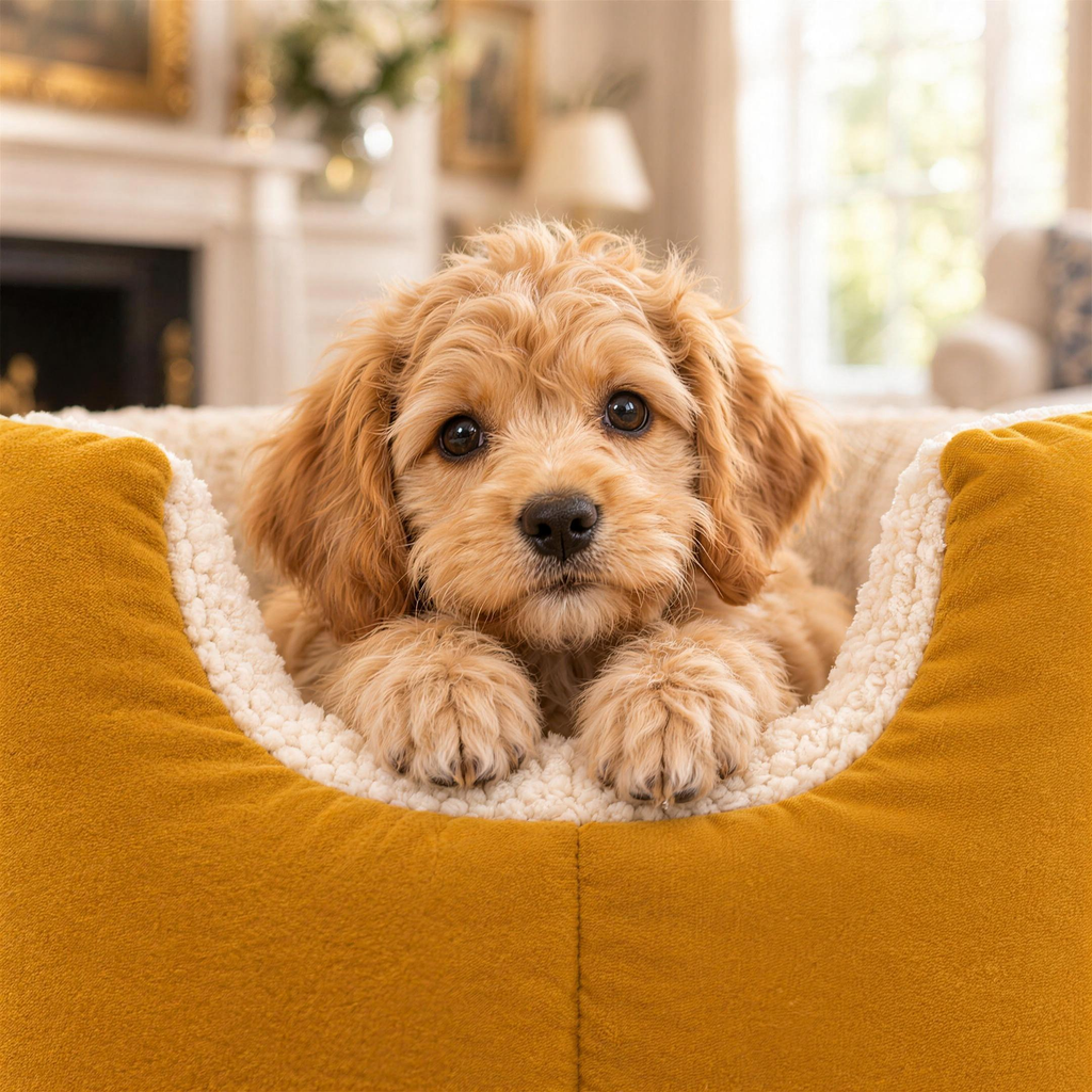 Cavapoo puppy resting its paws on the teddy fleece rim of the Mustard Fortress Bed