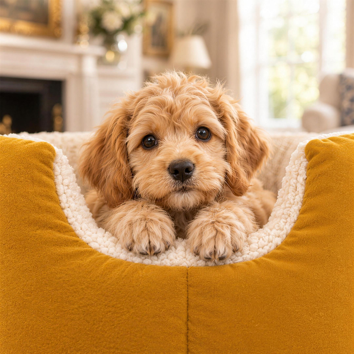 Cavapoo puppy resting its paws on the teddy fleece rim of the Mustard Fortress Bed