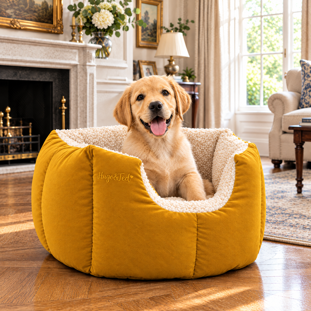 Golden Retriever puppy in the Mustard Fortress Bed in a Georgian drawing room