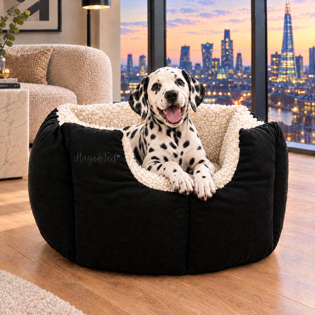 Dalmatian puppy in the Black Fortress Bed in a London apartment