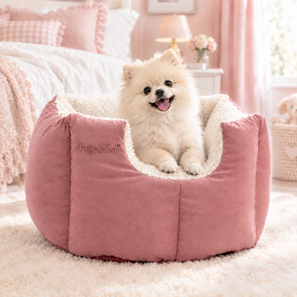Pomeranian puppy in the Dusty Pink Fortress Bed in a pretty pink bedroom