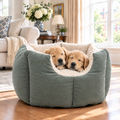 Two Golden Retriever puppies asleep in the Sage Rainfleece Fortress Bed by Hugo & Ted