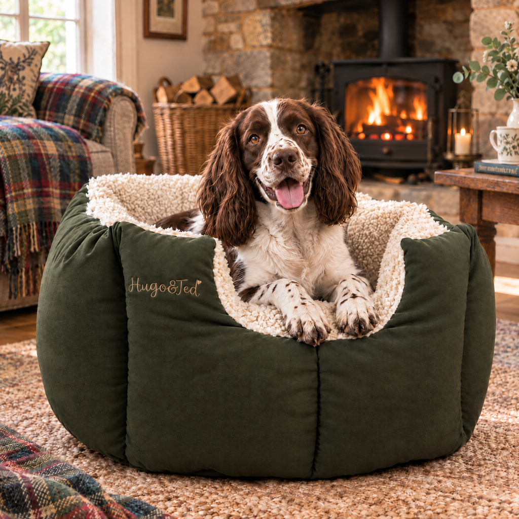 Springer Spaniel in the Khaki Fortress Bed by a cottage log fire