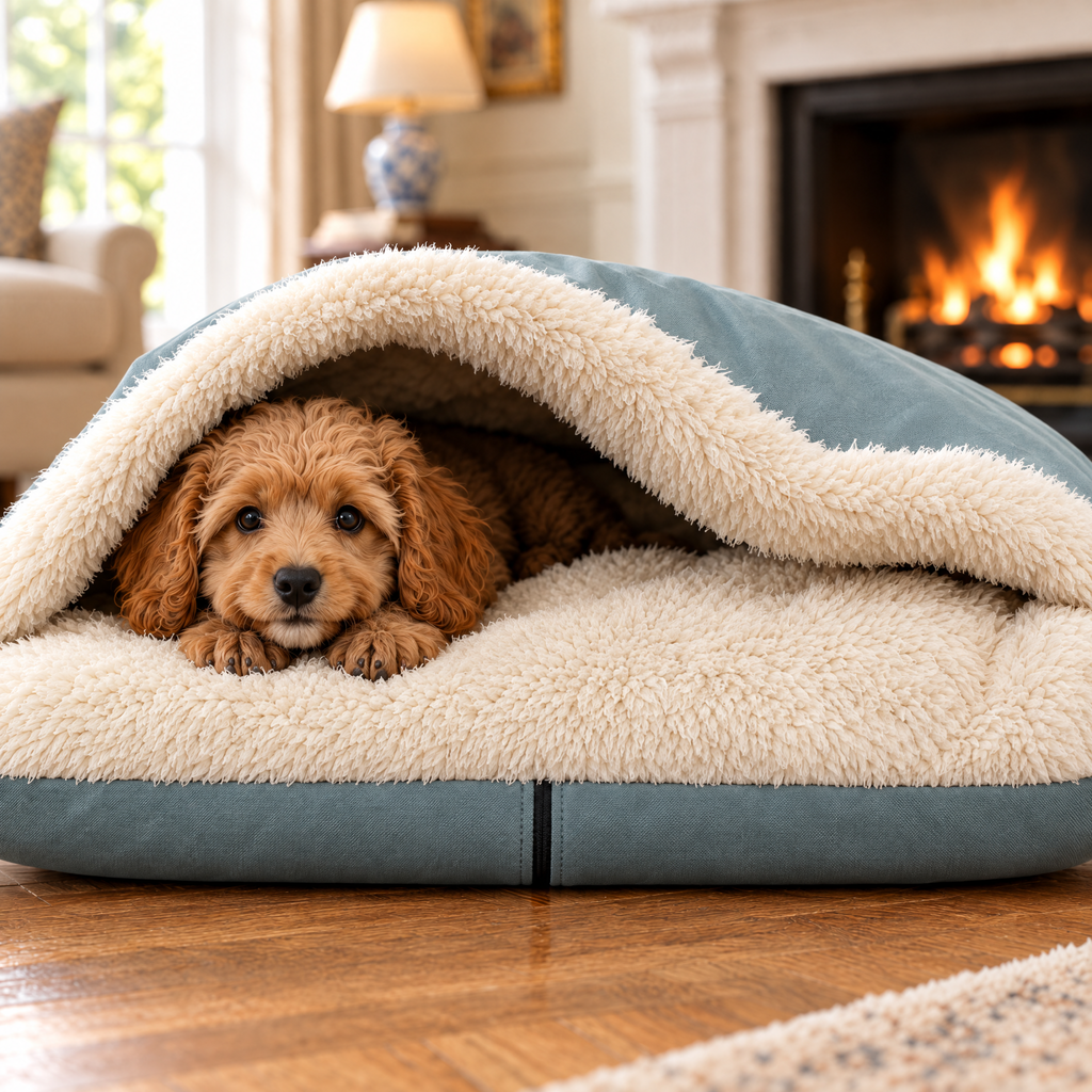Cavapoo puppy snuggled in the sage Rainfleece Den Bed by Hugo & Ted