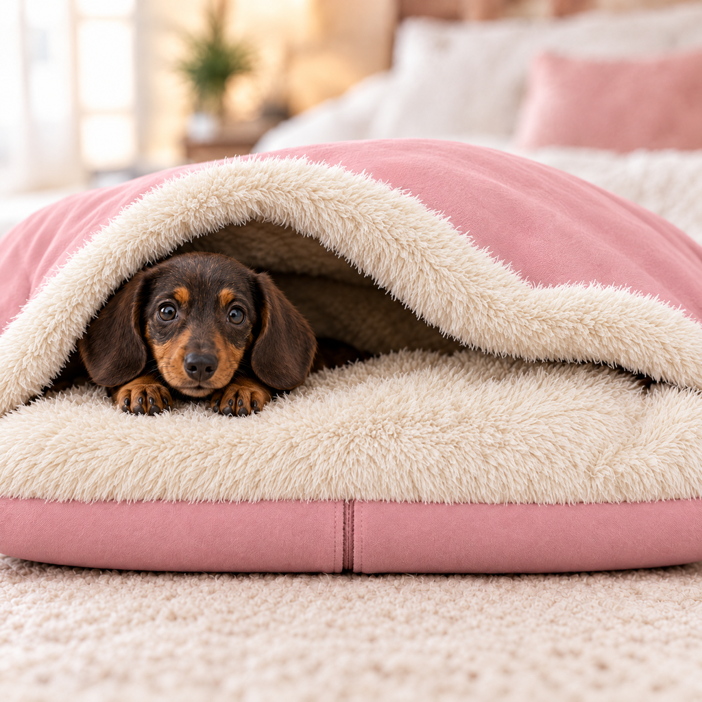 Dachshund puppy in the dusty pink Rainfleece Den Bed by Hugo & Ted