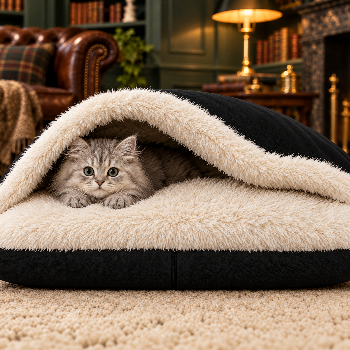 Kitten in the black Rainfleece Den Bed by Hugo & Ted