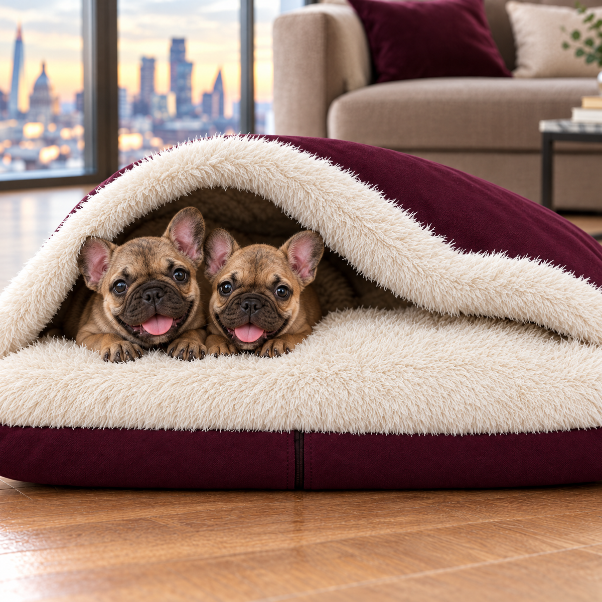 Two French Bulldog puppies in the plum Rainfleece Den Bed by Hugo & Ted